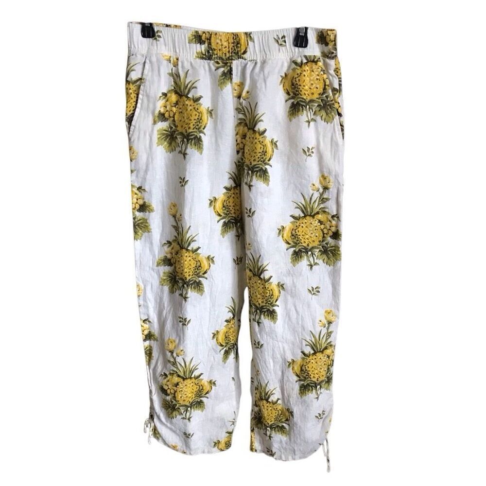 Tahari Linen pants SZ Medium 100% Linen pineapple print elastic waist off white